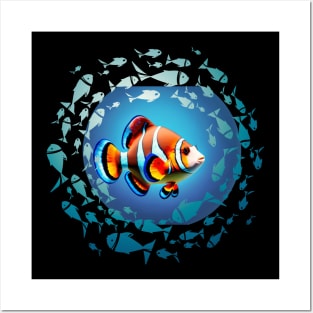 funny clownfish in a blue water circle Posters and Art